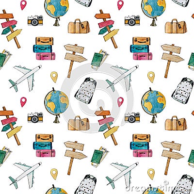Watercolor seamless travel pattern with airplane, suitcase, signpost, globe, camera, bag, backpack, passport and tickets. Cartoon Illustration