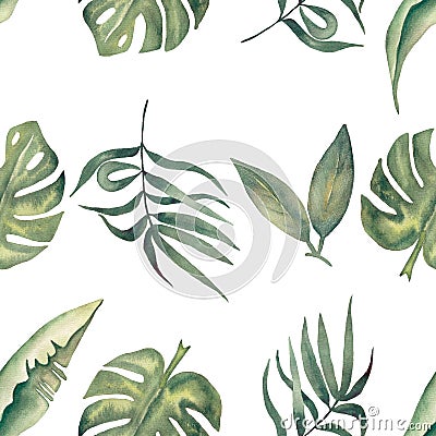 Watercolor seamless tropical leaves pattern. Foliage digital paper. Exotic floral wrapping paper.Monstera leaf, banana leaves Cartoon Illustration