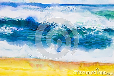 Watercolor seascape painting colorful of sea view,beach, wave. Stock Photo