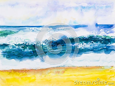 Watercolor seascape painting colorful of sea view,beach wave. Stock Photo