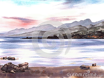 Watercolor Seascape sunset with mountains silhouettes and sandy shore with stones Hand drawn Cartoon Illustration