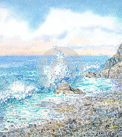 Watercolor seascape. Surf Stock Photo