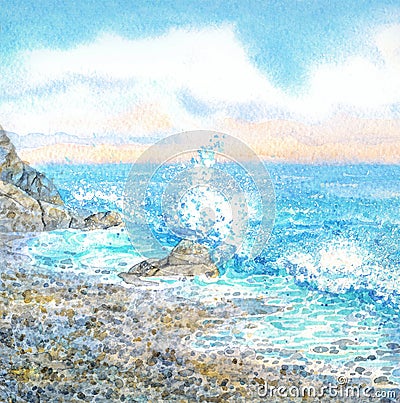 Watercolor seascape. Surf Stock Photo