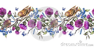 Watercolor seqamless border with pair of birds on a branch, thistle, berries Cartoon Illustration