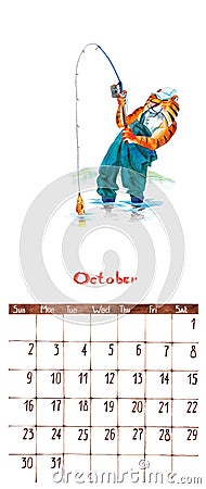 Watercolor series cartoon tiger-athlete and fisherman with a fishing rod and fish. Calendar Stock Photo