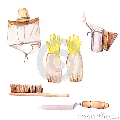 watercolor set apiary - organic honey. hand painted beekeeping tools Stock Photo