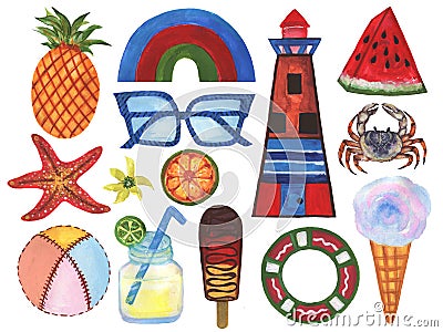 Watercolor Set aquatic animal and fruits plant accessories on vacation Hand-Painted Isolated on white background for backdrop Stock Photo