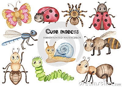 Watercolor set with baby cute cartoon insects. Stock Photo