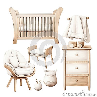 Watercolor set of baby furniture in a Scandinavian style, featuring natural materials and minimalism. Stock Photo