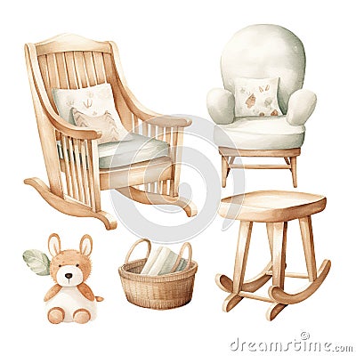 Watercolor set of baby furniture in a Scandinavian style, featuring natural materials and minimalism. Stock Photo