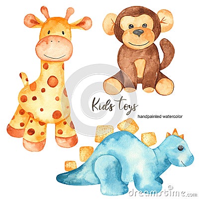 Watercolor set with baby stuffed animals toys Stock Photo