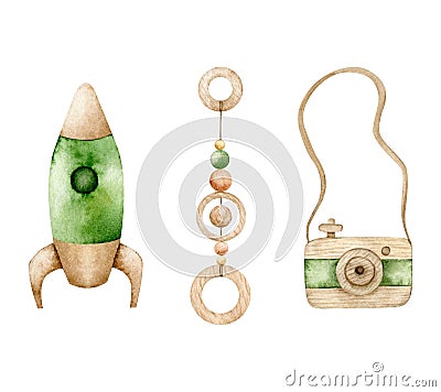 Watercolor set of baby toys. Wooden rocket, camera and teething toys in Scandinavian style. Hand drawn children Cartoon Illustration