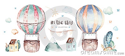 Watercolor set of balloons baby cartoon cute pilot aviation illustration of fancy sky transport balloon and clouds Cartoon Illustration