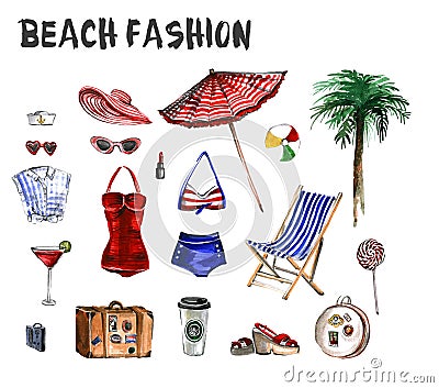 Watercolor set of beach fashion icons Stock Photo