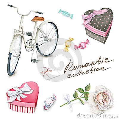 Watercolor set with bicycle, boxes, sweets and rose Stock Photo