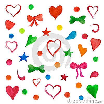 Watercolor set for birthday and holiday. Hearts, bow, stars for a party background Vector Illustration
