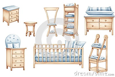 Watercolor set of blue baby furniture in a Scandinavian style, featuring natural materials and minimalism. Stock Photo