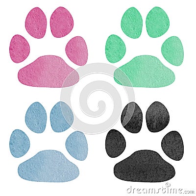 Set of blue, pink, green and black watercolor animal footprints. Watercolor pets footprint. Paw footprint illustration Cartoon Illustration