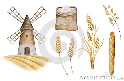 Watercolor set of bread. Mill, flour, baguette, oats, ear of wheat. Bakery illustration Stock Photo