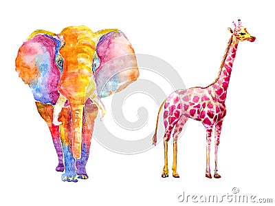 Watercolor set of bright colored giraffe and an elephant from multi-colored spots on a white background isolated Stock Photo