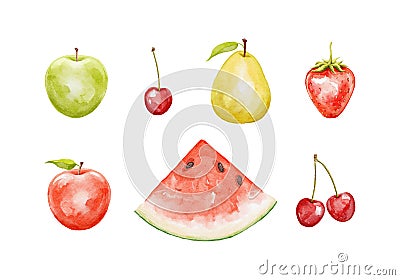 Watercolor set with bright juicy cute fruits Cartoon Illustration