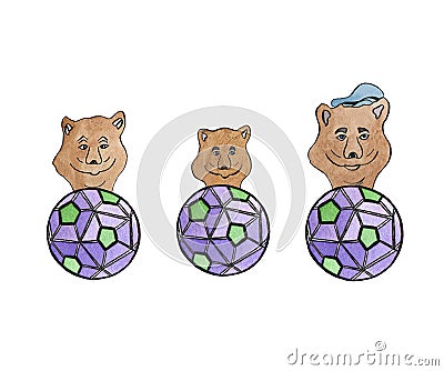 Watercolor set of brown little bears and violet soccer balls Stock Photo