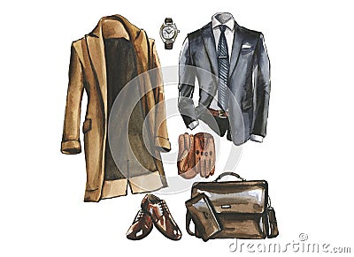 Watercolor Set of business casual clothes, shoes and bag for man. Corporate outfit illustration. Cartoon Illustration