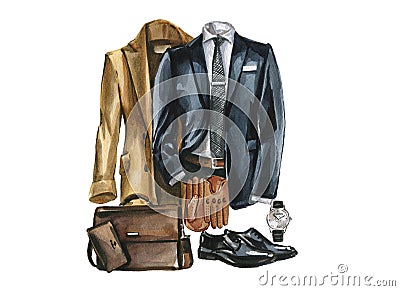 Watercolor Set of business casual clothes, shoes and bag for man. Corporate outfit illustration. Cartoon Illustration