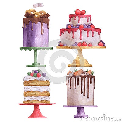 Watercolor set of cakes. Illustration on white background. Stock Photo