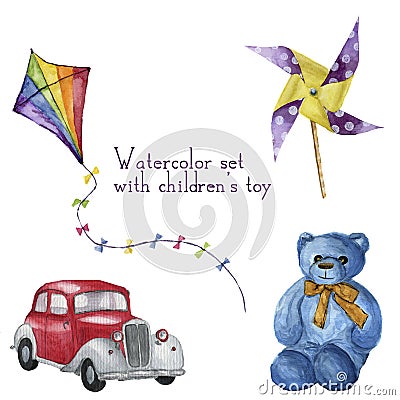 Watercolor set with children's toy. Hand drawn kids toy: red car, kite, teddy bear and windmill. Stock Photo