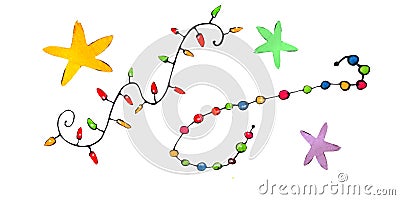 Watercolor set of Christmas decoration, colorful garlands and stars Cartoon Illustration