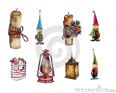 Watercolor set. Christmas decorations, lanterns, gifts, gnomes, candles Stock Photo