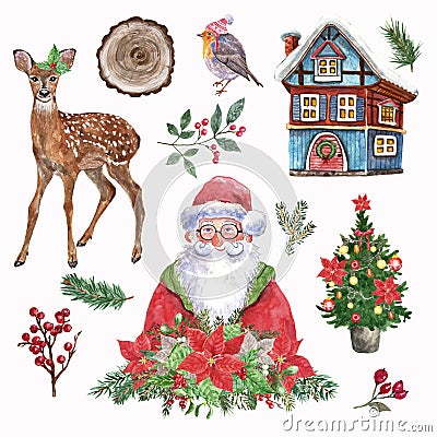Watercolor set of Christmas illustrations, Santa Claus, baby deer, holiday fir tree, winter cottage, robin bird, seasonal greenery Cartoon Illustration