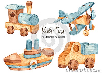 Watercolor set clipart with children wooden toys transport Stock Photo