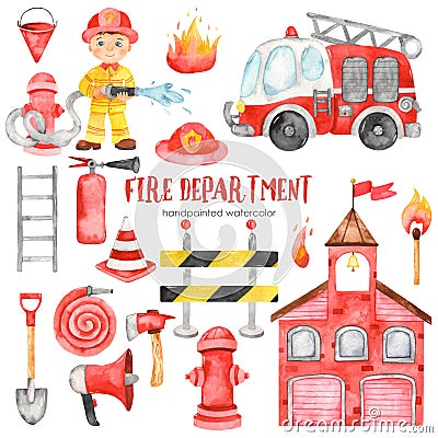 Watercolor set clipart with cute cartoon fire station, fireman, fire truck and fire equipment for kids Stock Photo