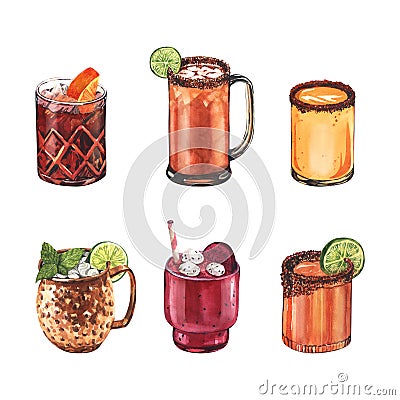 Watercolor set cocktail michelada, moscow mule, negroni and dregon drink . Hand-drawn illustration isolated on white Cartoon Illustration