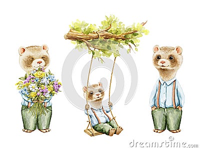 Watercolor set collection with animal ferret in clothes Cartoon Illustration