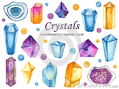 Watercolor set of colored crystals, gems and beads. Stock Photo