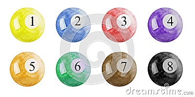 Watercolor colored Pool Balls. billiard balls numbers 1 to 8 Stock Photo