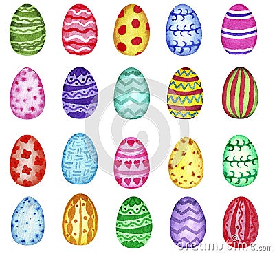 Watercolor set of colorfull bright Easter eggs, isolated on white background. Stock Photo
