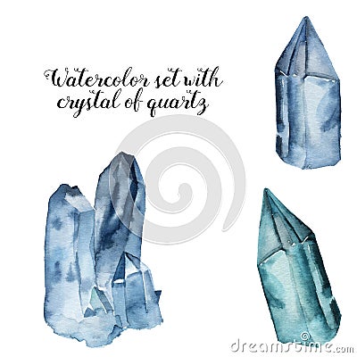 Watercolor set with crystal of quartz. Watercolor blue gem stones set isolated on white background. Hand painted design Stock Photo