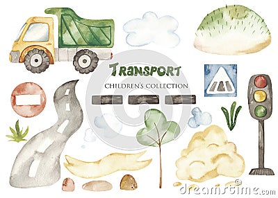 Watercolor set with a cute cartoon kids transport for a boy. Stock Photo