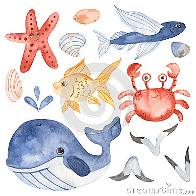 Watercolor set with cute cartoon kids underwater creatures. Stock Photo