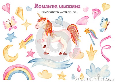 Watercolor set with cute cartoon pink unicorn and flowers. Stock Photo