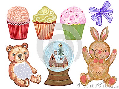 Watercolor set of cute cartoon watercolor Rabbit Bunny Teddy bear and Cute Pastel Cupcake with Ribbon Stock Photo