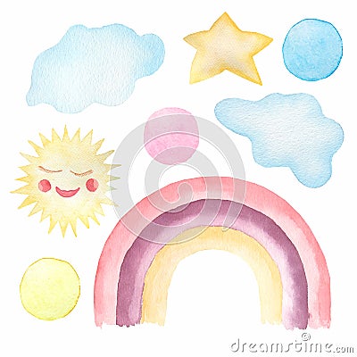 Watercolor set of cute children`s illustrations - rainbow, su,clouds,polka dot. cartoon collection perfect for nursery print and Cartoon Illustration