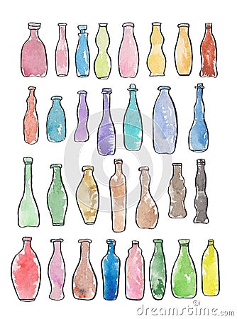 Watercolor set of different drink little boottles forms Stock Photo