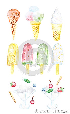 Watercolor set of different types of ice cream. Hand painted Vector Illustration