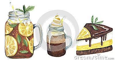Watercolor set with drink and sweets Cartoon Illustration