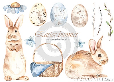 Watercolor set with Easter bunnies, basket, quail eggs, pussy willow, blue flowers Cartoon Illustration